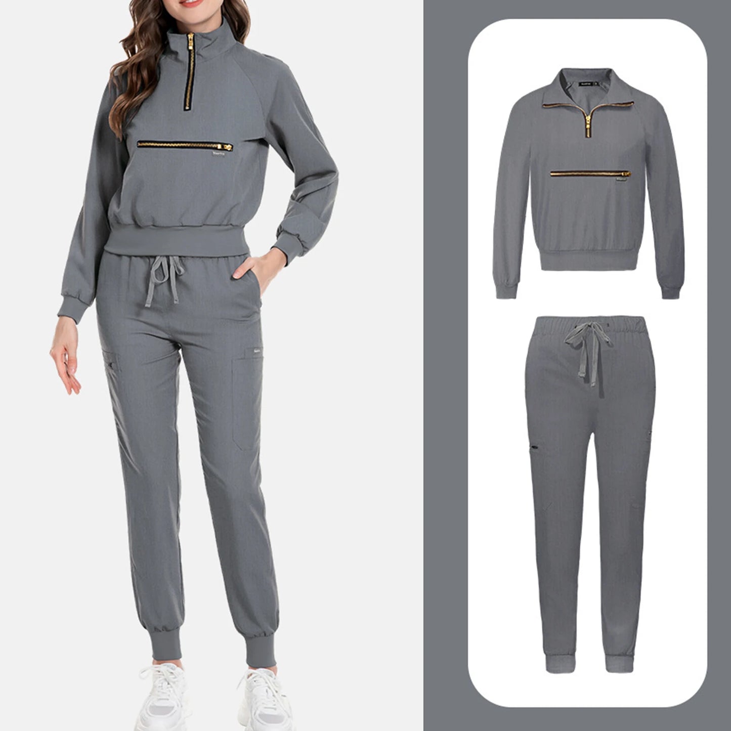 Scrub Set Stand Collar Zipper Long Sleeve Multi Pocket Professional