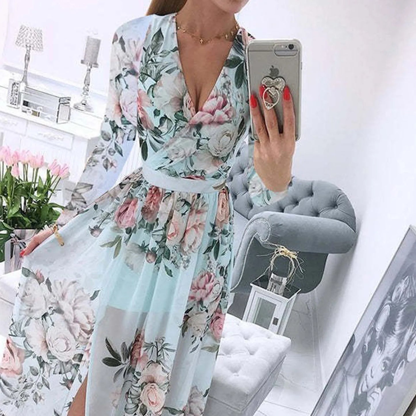 Women floral Chiffon Flower Dress trends new in Ladies Elegant V Neck short Sleeve