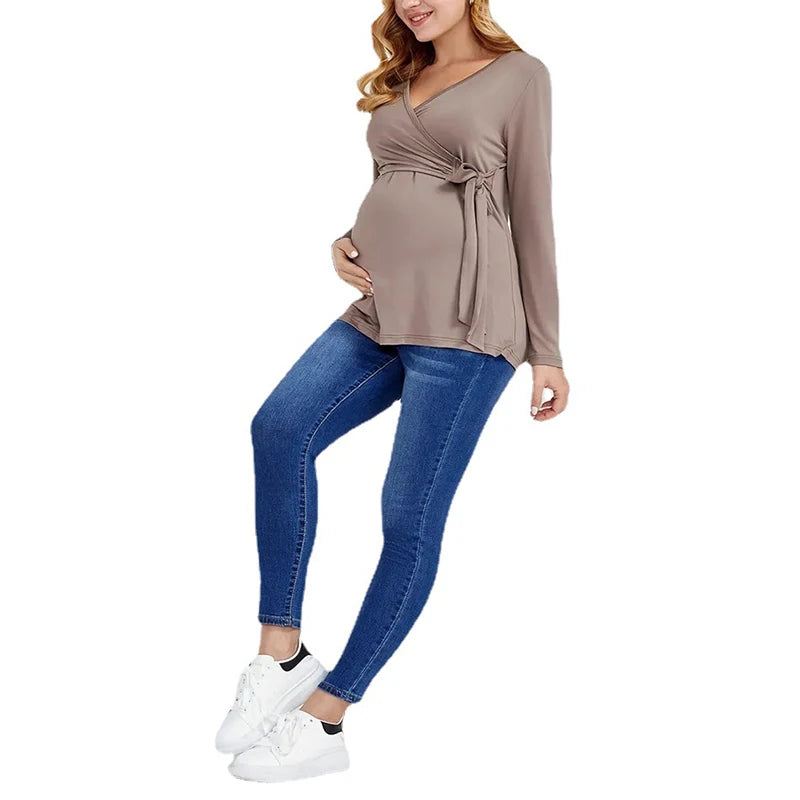 Maternity Blouses Long Sleeve V-neck Breastfeeding Shirt Tops Pregnancy Clothing