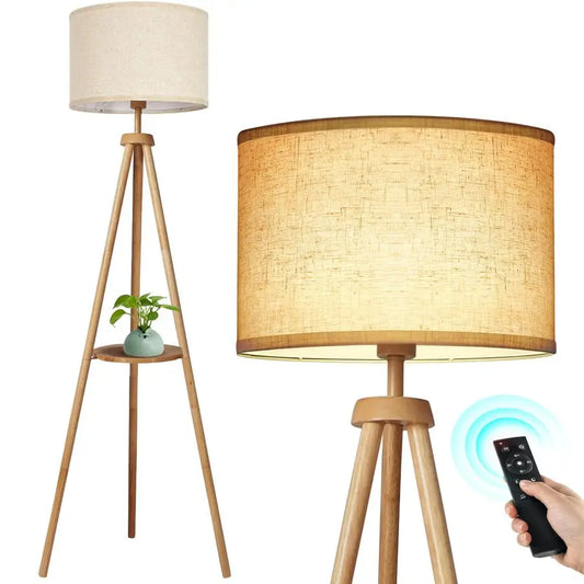 Wood Tripod Floor Lamp With Shelves Mid-Century Remote Control