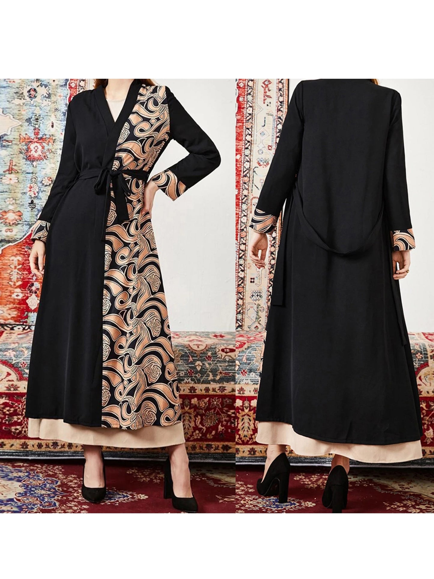 Elegant Floral Print Maxi Dress with Bell Sleeves and Waist Tie for Women