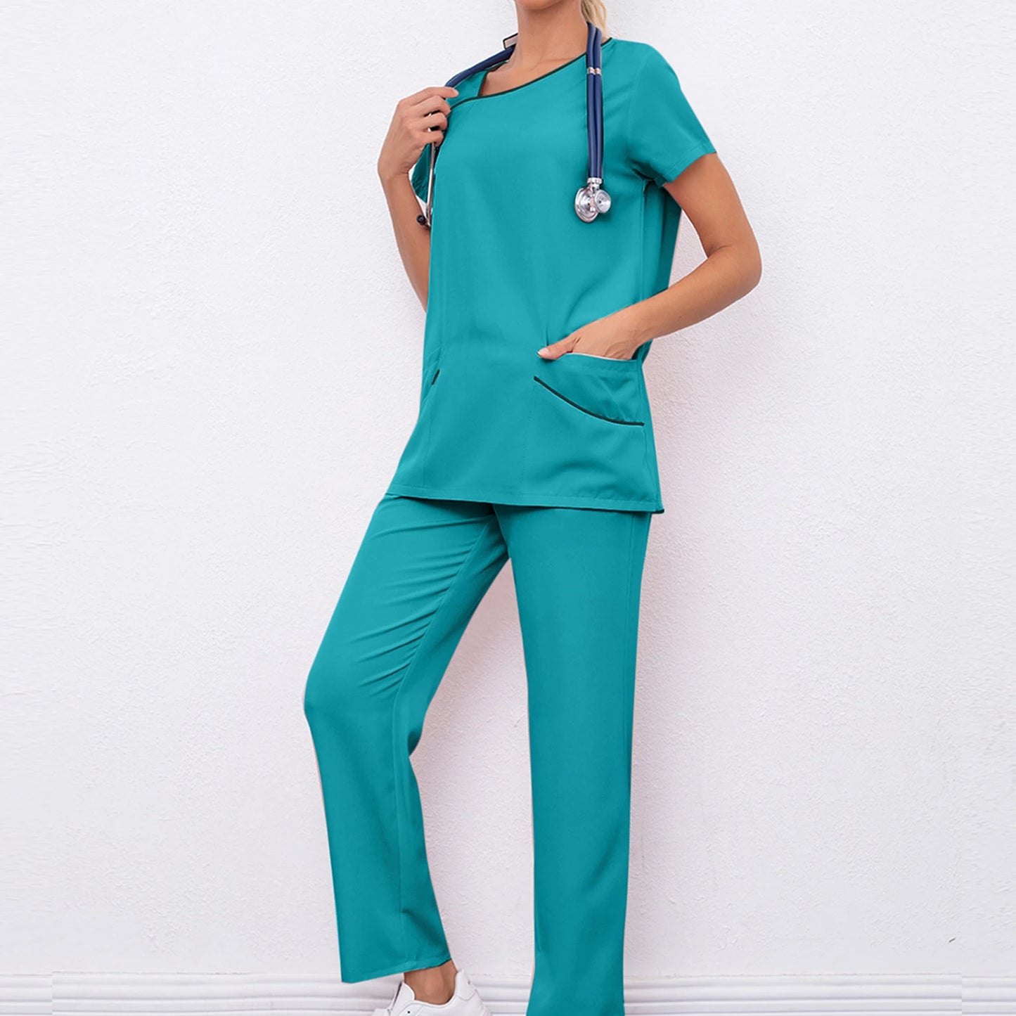 Women's Nurse Scrub Set Asymmetric Neck Short Sleeve Multi-Color Contrast Pocket Long Pants Medical Cozy Professional Workwear