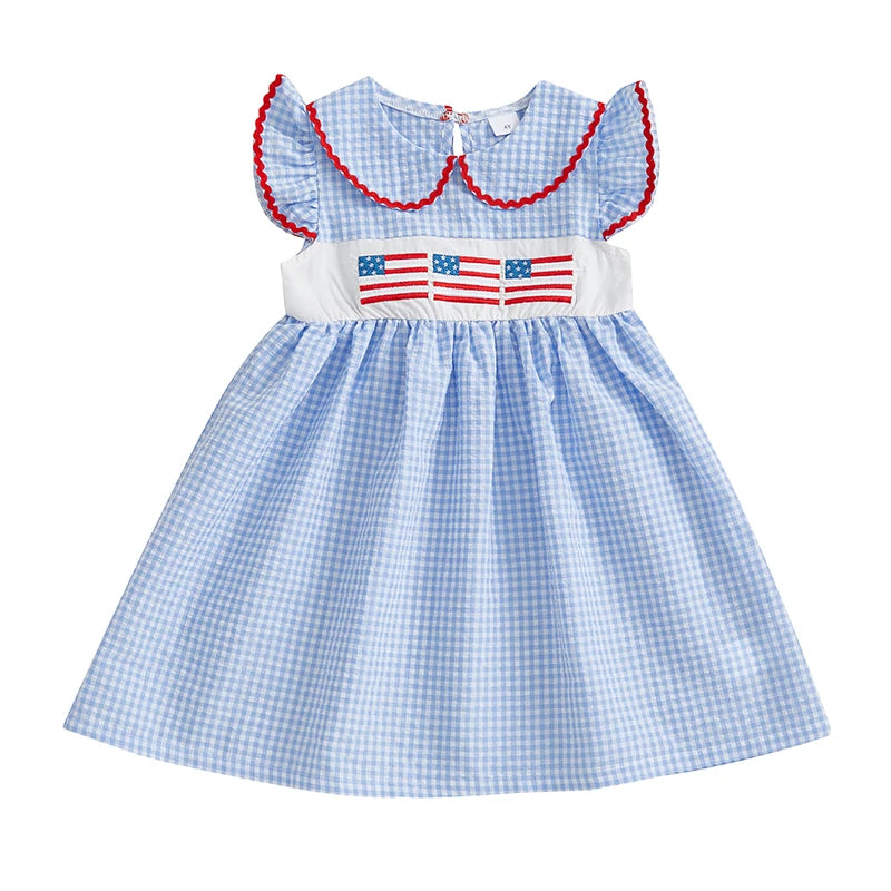 Girls Patriotic 4th of July Dress with Flutter Sleeves and Round Neckline American Flag