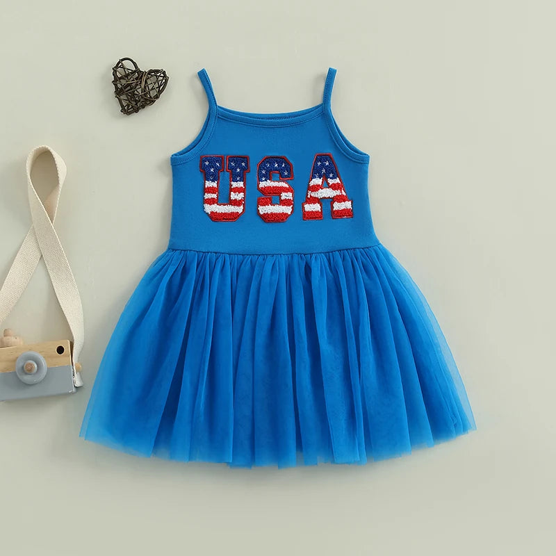 Independence Day Toddler Girl Dress with Embroidered Letters Sleeveless Tulle Patchwork