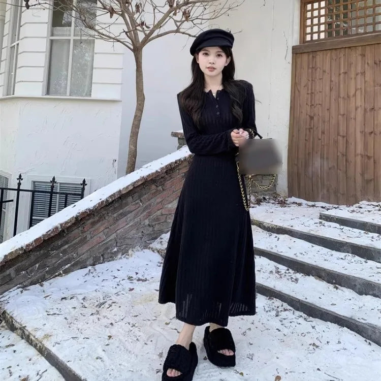 French Style Long Sleeve Knitted Dress Cinched Waist A Line
