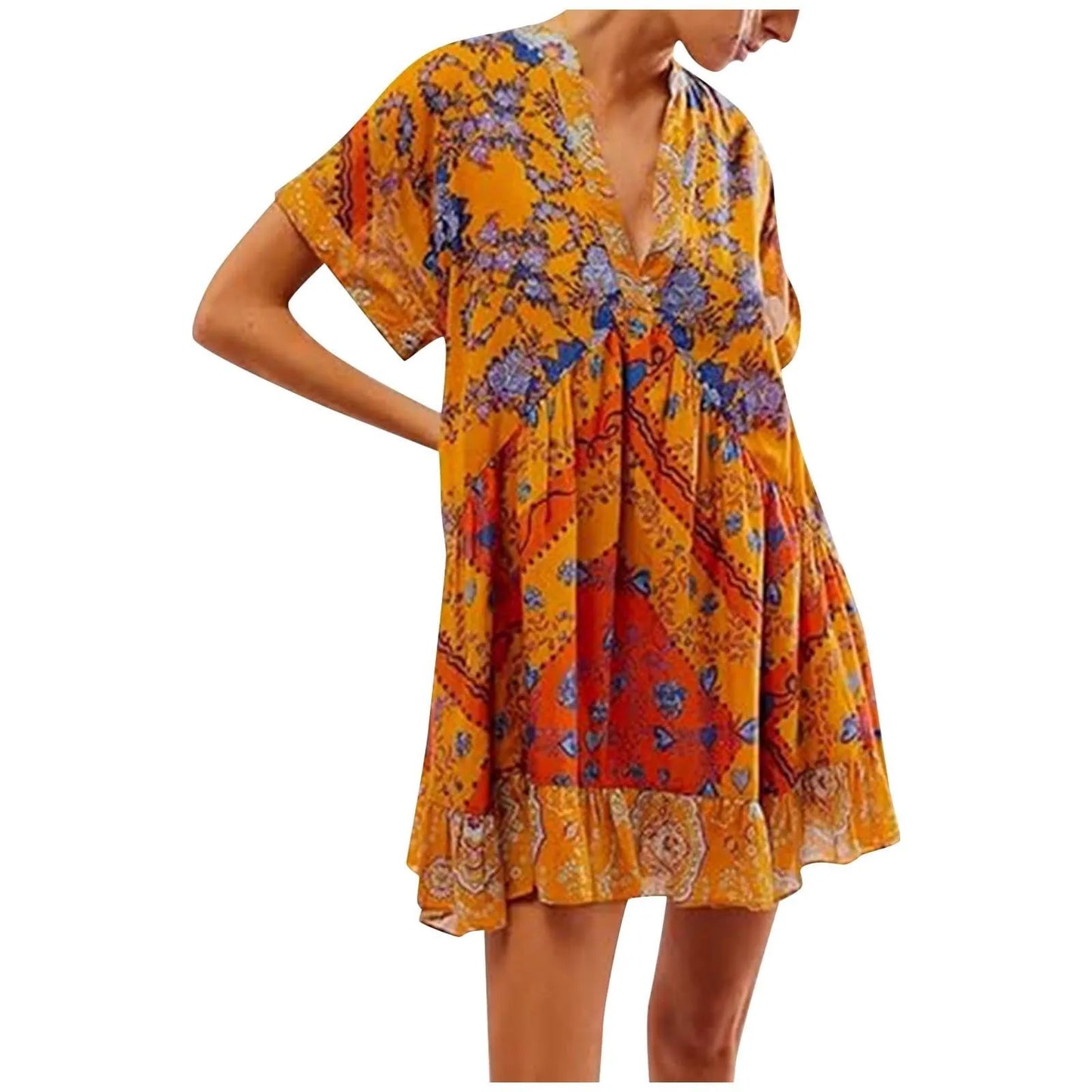Women Boho Beach Mini Dress 2024 Summer V Neck Short Sleeve
