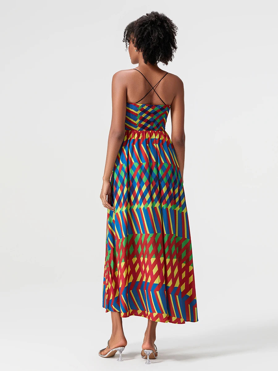 Women s Long Slip Dress Contrast Line Print Sleeveless Spaghetti Strap