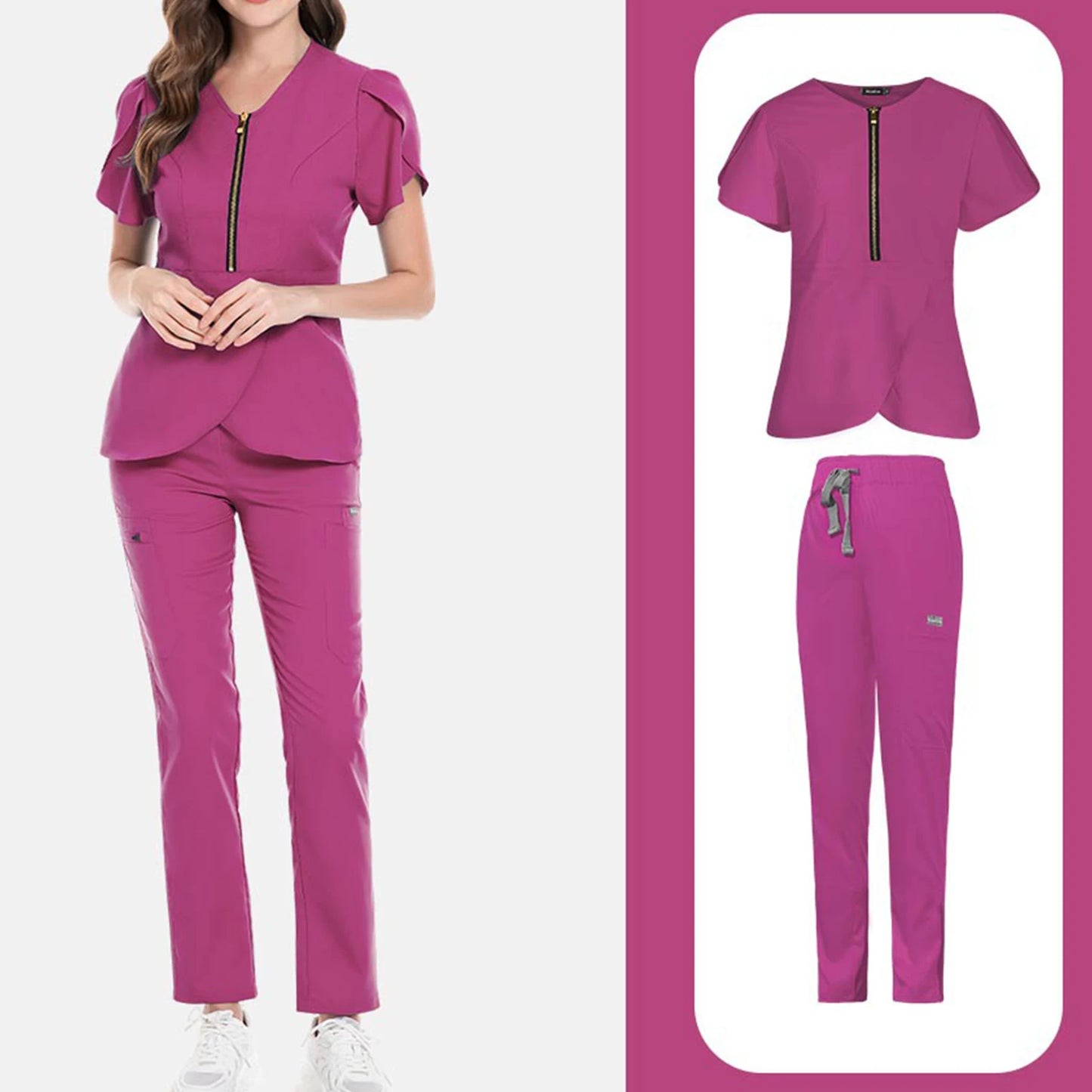 Women's Nurse Scrub Set V-Neck Short Sleeve Zipper Ruffle Sleeve Multi-Color Long Pants