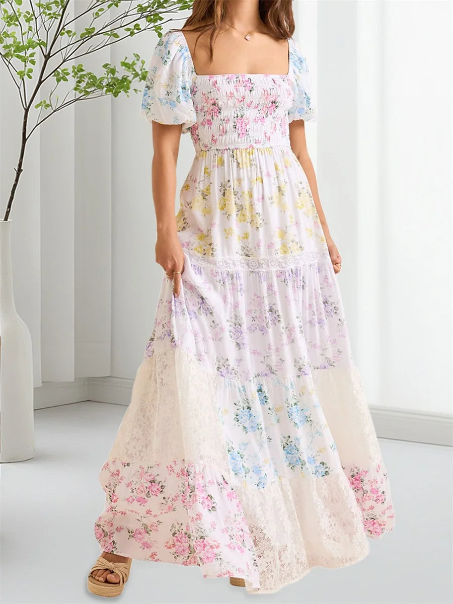 Elegant Floral Print Short Sleeve A-Line Dress with Ruffled Hem for Women