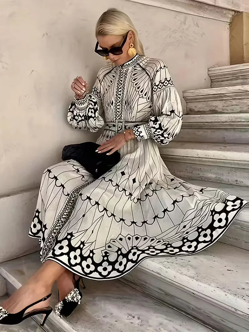 Bohemian Style Women's Long Sleeve Ankle Dress For Autumn Winter