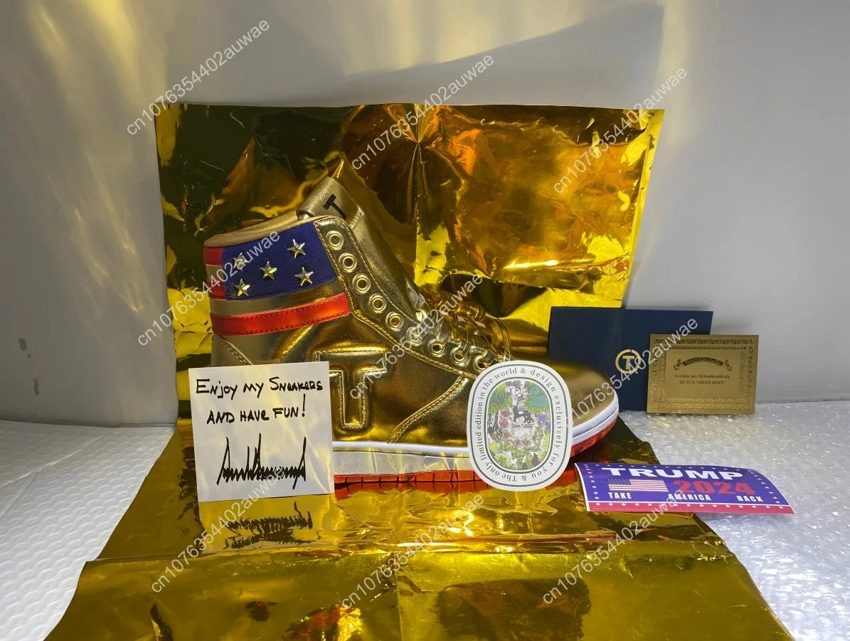 Trump NEVER SURRENDER Gold Shoes Top Quality Big Size 47 48 Mens 2024 MAGA