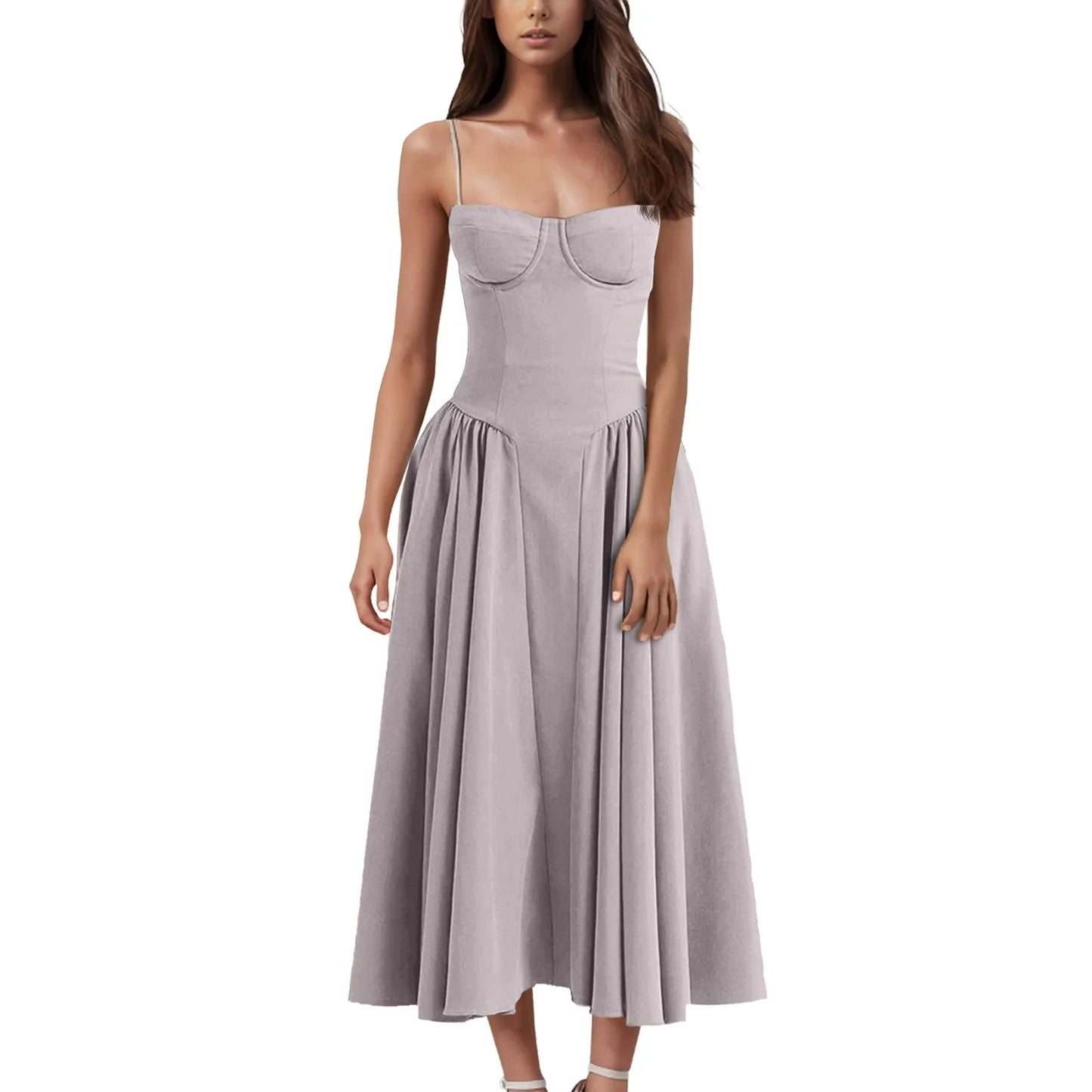 Women's Fashionable Solid Color Floral Retro Court  Dopamine Suspender Pocket Dress