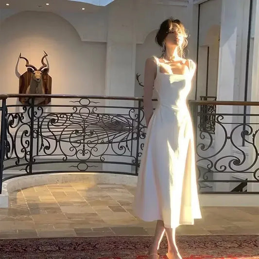 Elegant French Style High-End FeelSimple Square Collar White Tank Dress Medium-Length