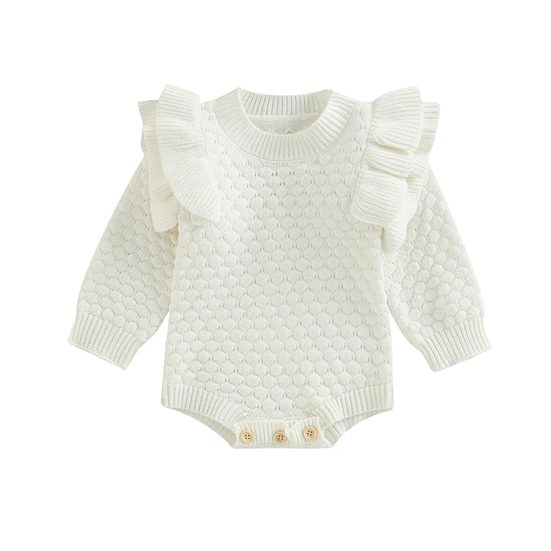 Adorable Baby Girls Knitted Ruffle Romper with Long Sleeves Solid Color