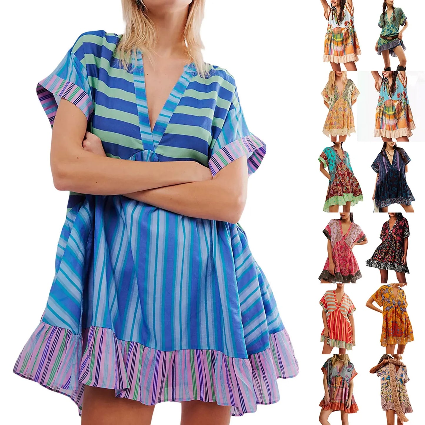 Women Boho Beach Mini Dress 2024 Summer V Neck Short Sleeve