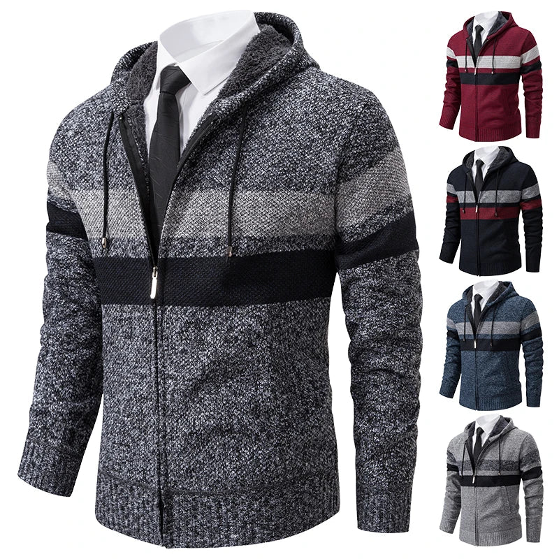 Men's Striped Hooded Cardigan Coat Velvet Padded Knit
