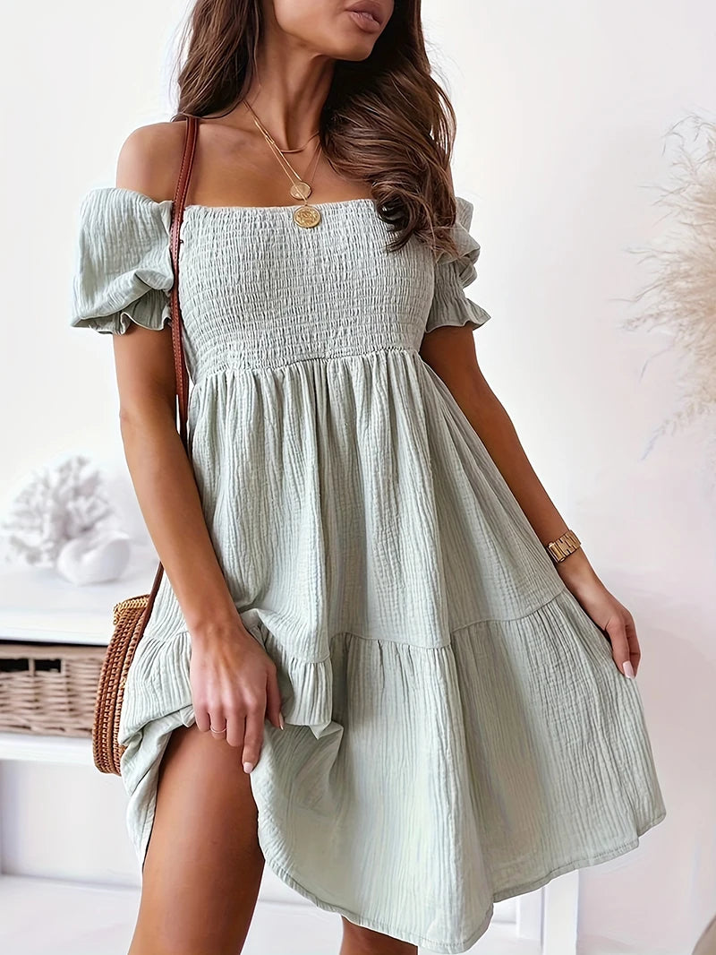 2025 Spring Summer Women's Casual Off-Shoulder Dress with Ruching, Bubble Sleeves, Midi-Length, Stretchy, Elegant Ruffles