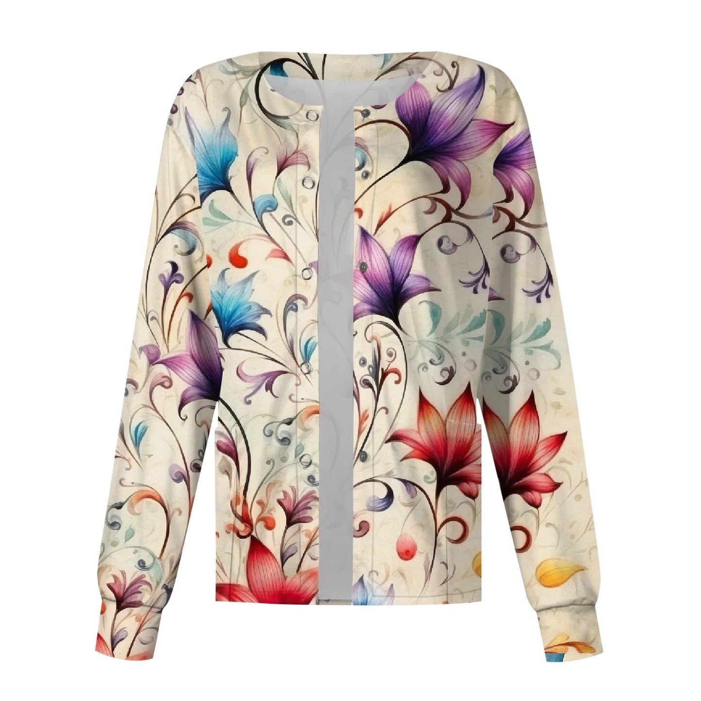 Casual Long Sleeve Nursing Work Clothes Single Breasted Floral Print Cardigan Top Jacket