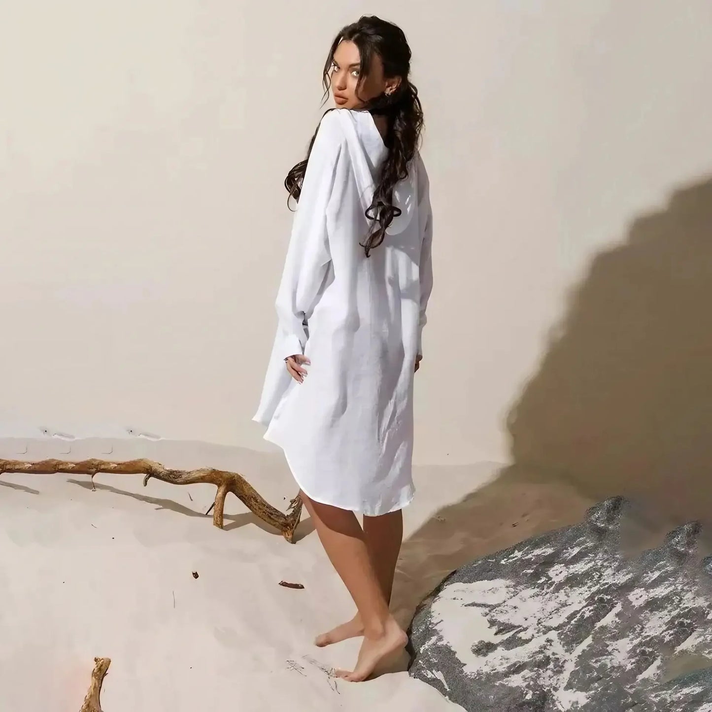 Women's Long Sleeve Button Down Tunic Dress Beach Cover Up