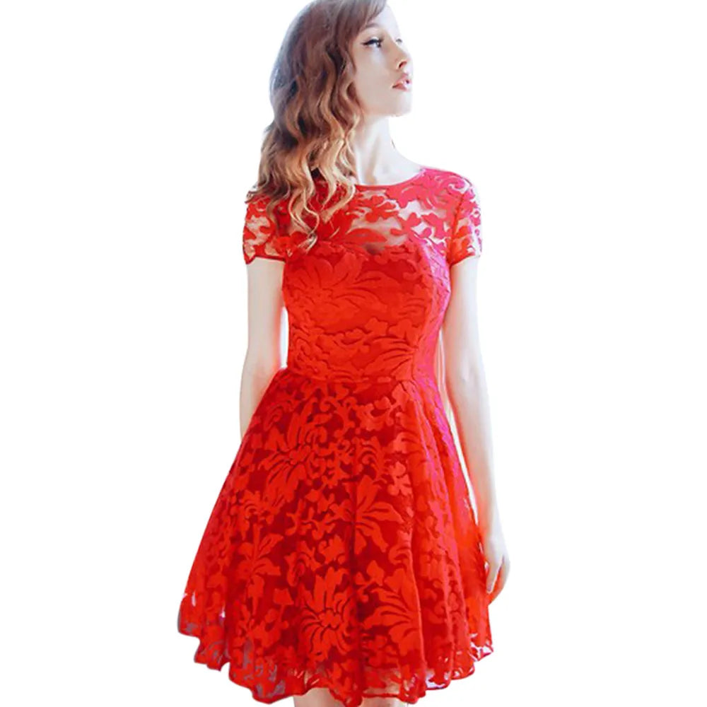 Women Summer Dress See-through Hollow Out Lace Short Sleeves