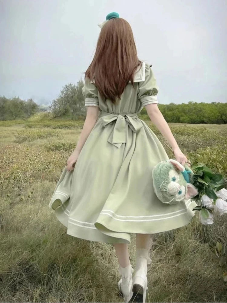 Japanese Lolita Style Puff Sleeve Dress For Women With Bow