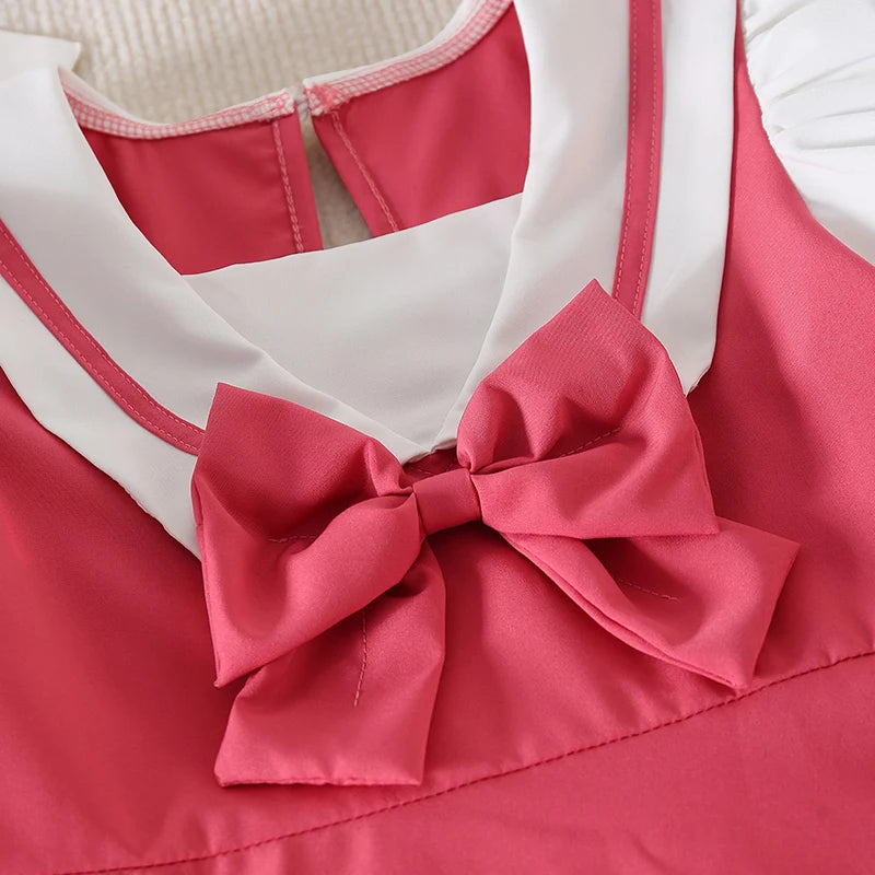 Youthful Girl s Summer Dress with Short Puff Sleeves V-Neckline and Bow Detail