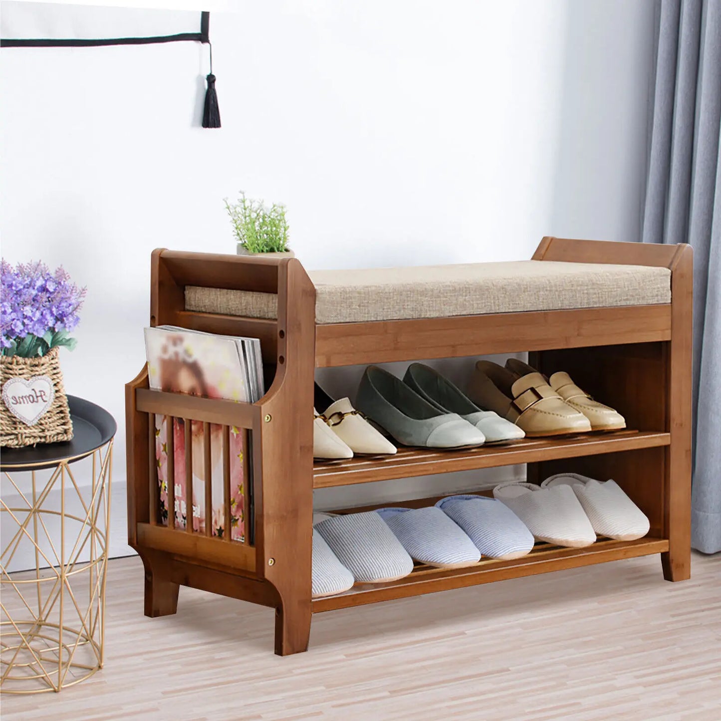 Bamboo 2-Tier Shoe Rack Bench, Removable Cushion Entryway Shelf