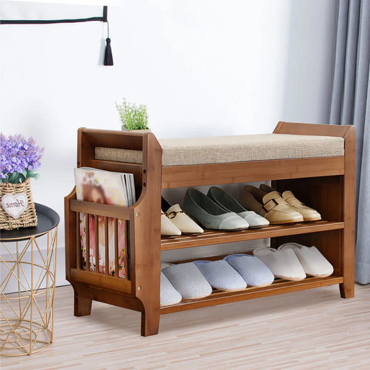 Bamboo 2-Tier Shoe Rack Bench, Removable Cushion Entryway Shelf