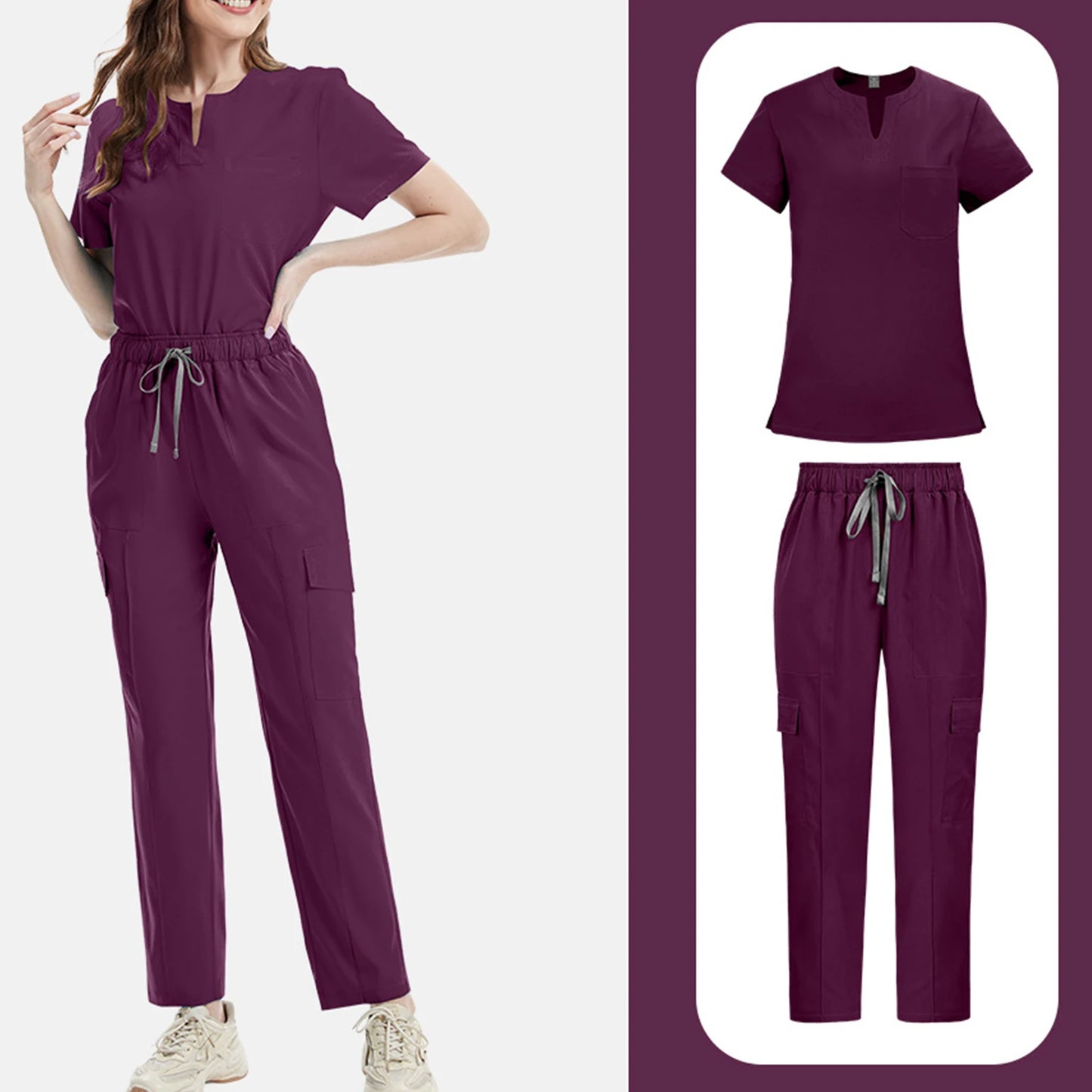 V-Notch Short Sleeve Multi-Pocket Cargo Pants Medical Uniform Healthcare  Professional Outfit