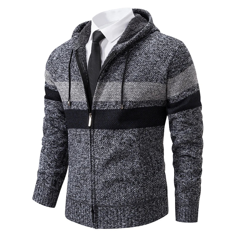 Men's Striped Hooded Cardigan Coat Velvet Padded Knit