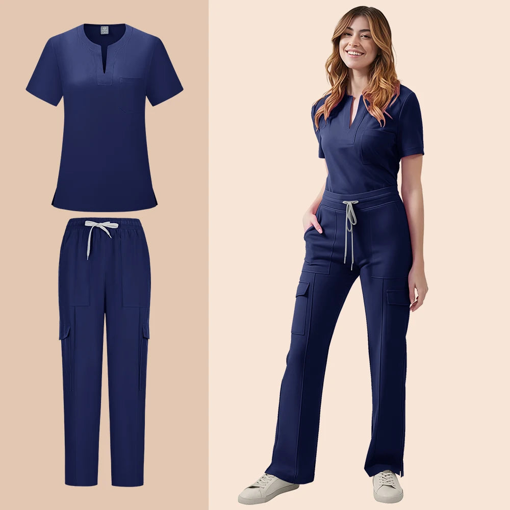 Medical Scrubs Uniform Women Nurse Scrub Set Pocket Top+Pants 2 Piece Suit
