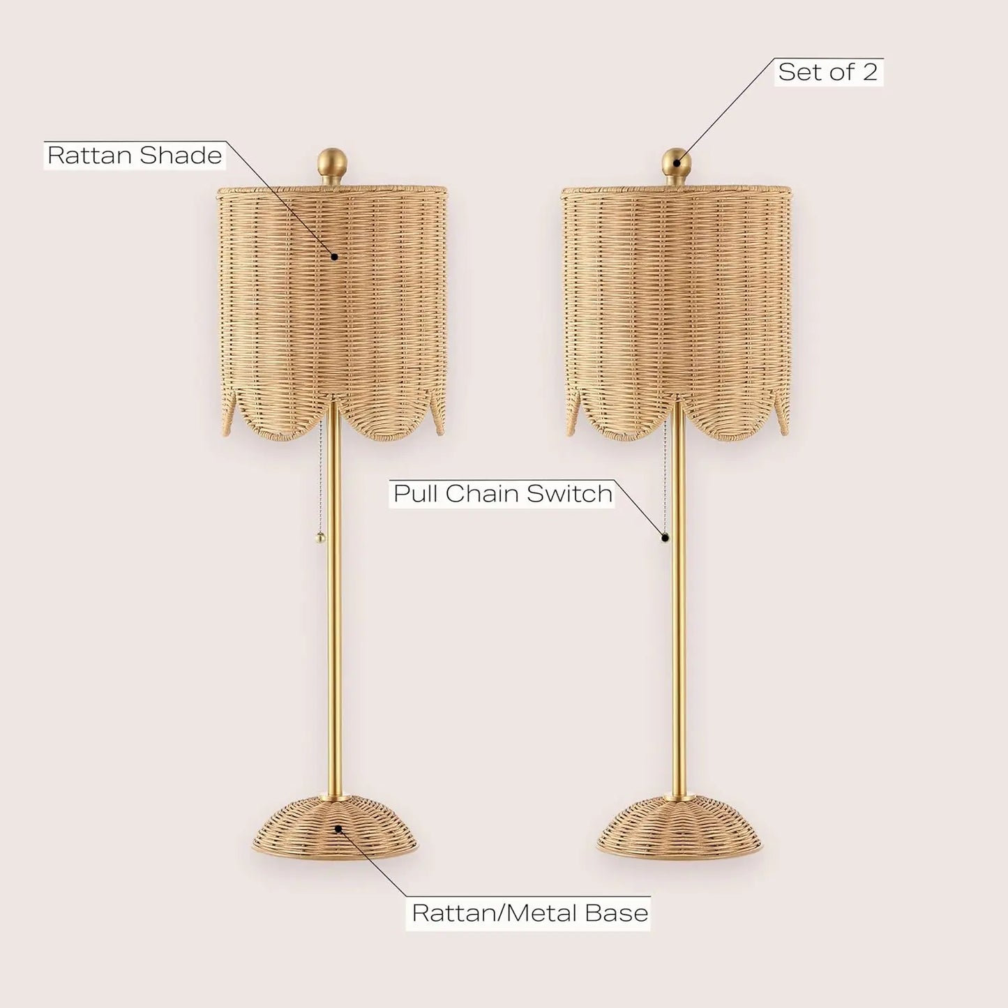 Coastal Bohemian Rattan and Iron Scalloped LED Table Lamps