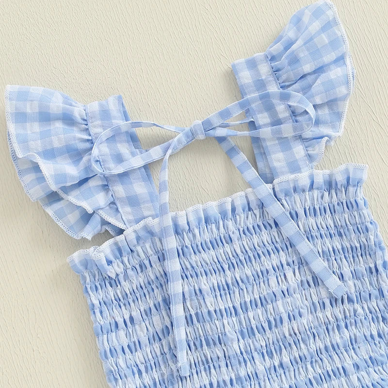 Independence Day Plaid Dress with Embroidered Stars and Stripes Smocked Flying Sleeve