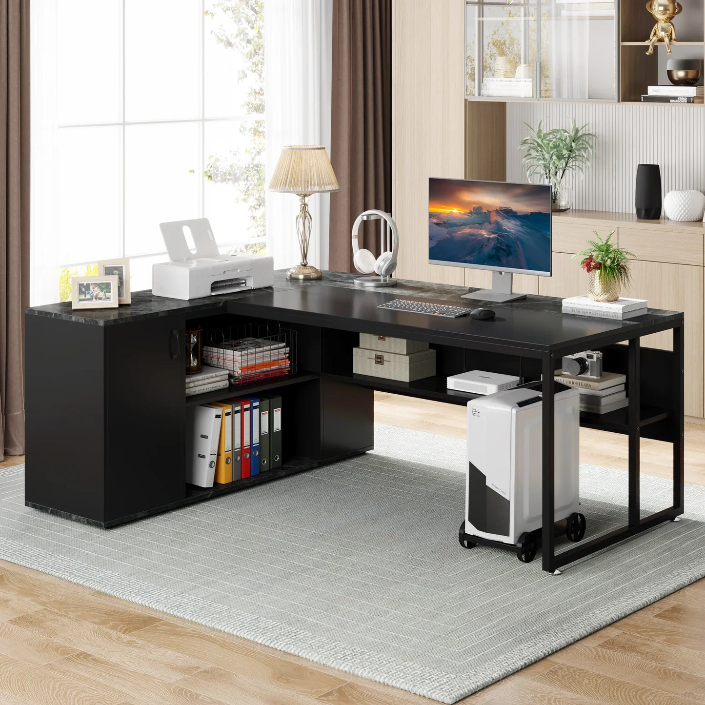 Tribesigns 71 inch Executive Desk, L Shaped Desk with Cabinet Storage, Executive Office Desk with Shelves, Business Furniture