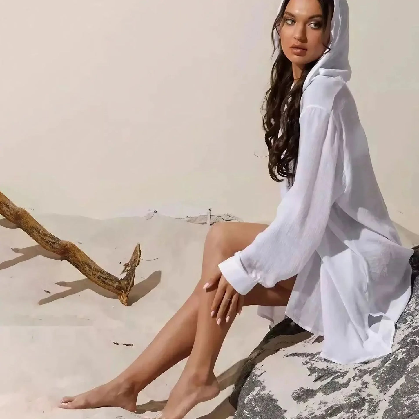 Women's Long Sleeve Button Down Tunic Dress Beach Cover Up