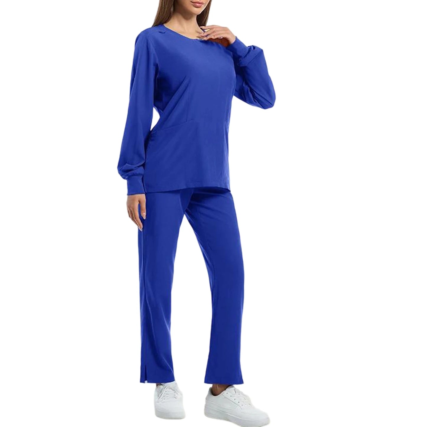 Women's Nurse Scrub Set Round Neck Long Sleeve Multi-Color Split Hem Pants Multi-Pocket