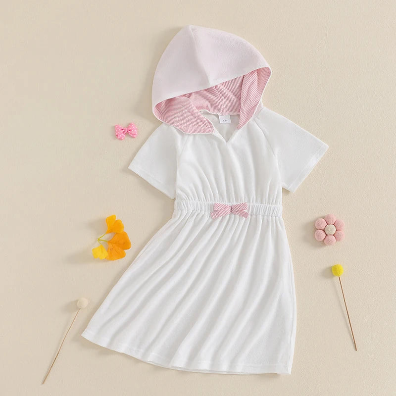 Kids Beach Cover Up Dress with 3D Bow Detail Short Sleeve Hooded
