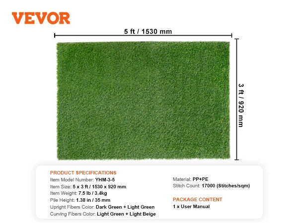 SucceBuy Artifical Grass Rug Green Turf 1.38/1.57" Fake Door Mat Outdoor Patio Lawn