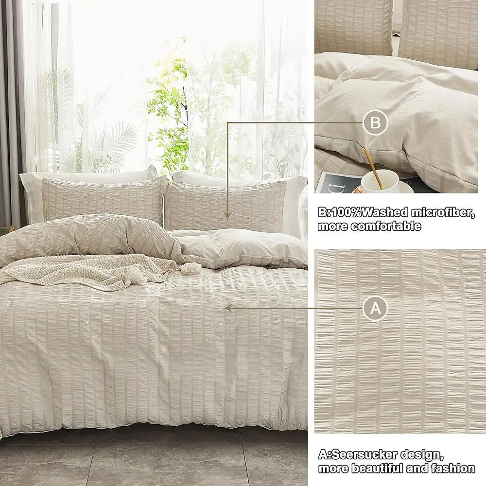 Ultra Soft Seersucker Duvet Cover Set King Size 3 Pieces Wrinkled Microfiber