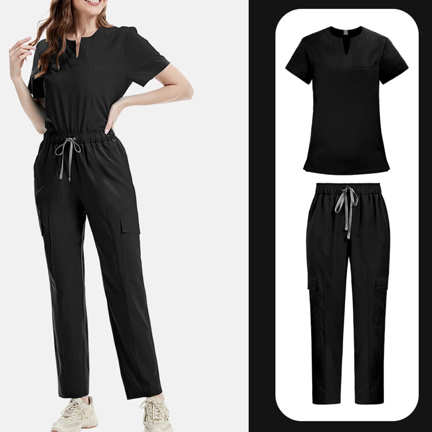 V-Notch Short Sleeve Multi-Pocket Cargo Pants Medical Uniform Healthcare  Professional Outfit