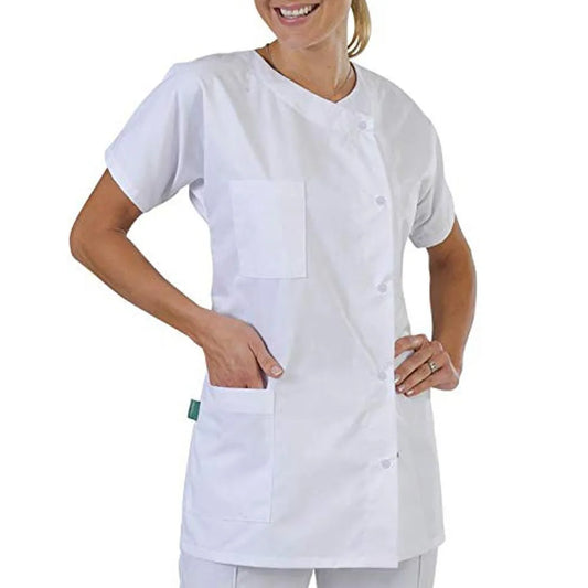 solid color pocket short-sleeved top shirt large size white nurse uniform multi-pocket short-sleeved loose shirt