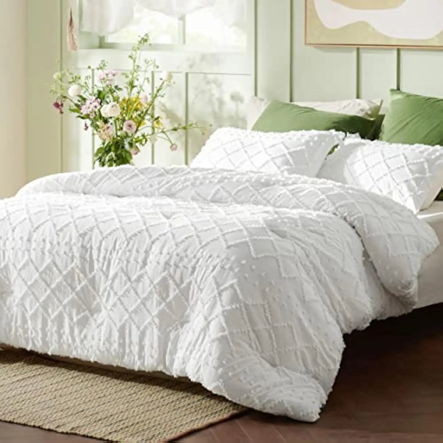 Queen Comforter Set - White Comforter, Boho Tufted Shabby Chic Bedding Comforter Set,