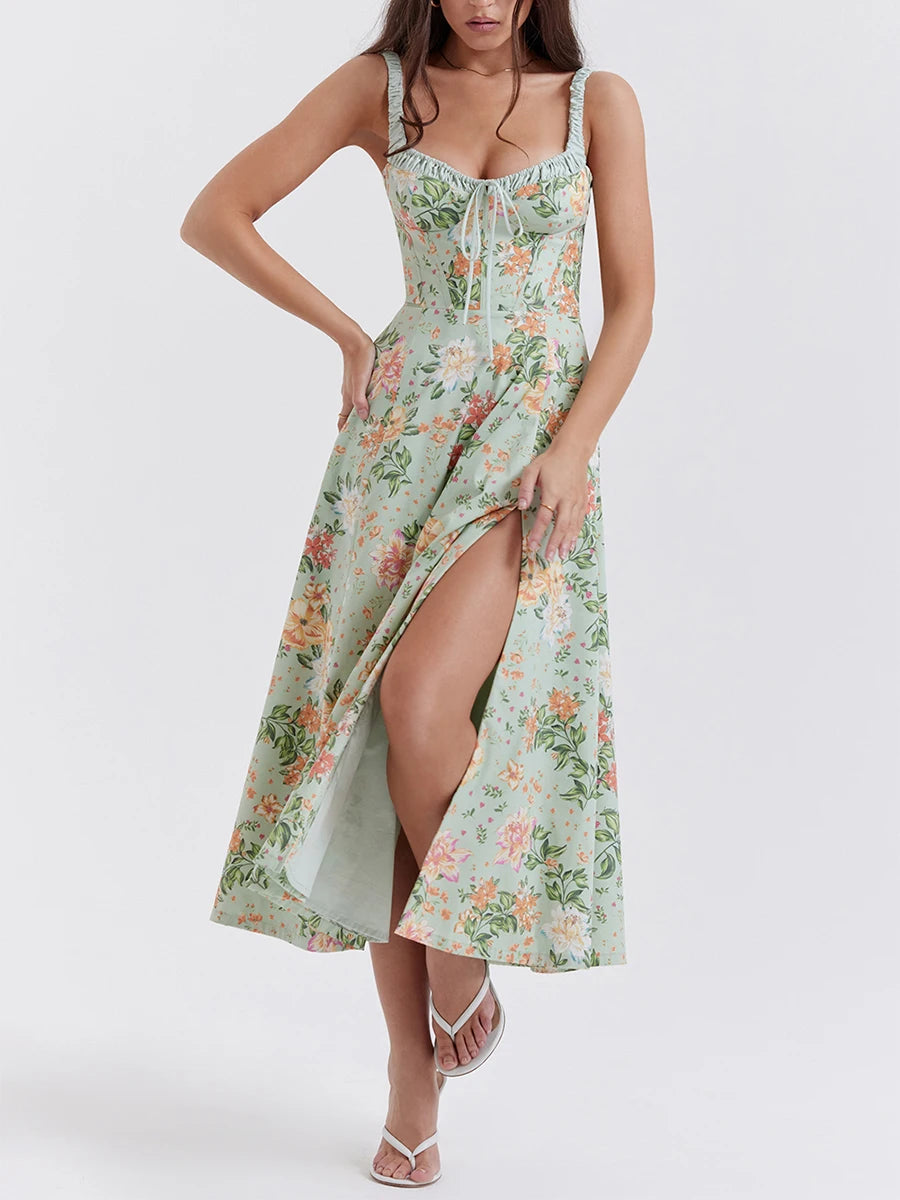 Women Summer Casual Midi Dress Floral Print Low-Cut Sleeveless