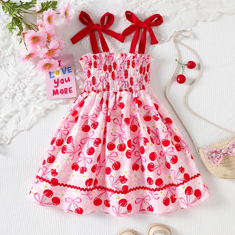Girls Sleeveless Floral Print A-line Dress with Bow Detail and Cherry Pattern