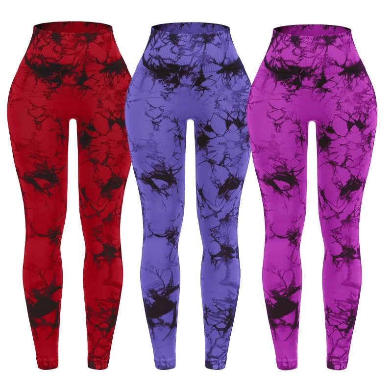 3 Piece Workout Leggings Sets for Women High Waisted Tie Dye Gym Scrunch Butt Lifting Seamless Yoga Leggings Athletic Pants