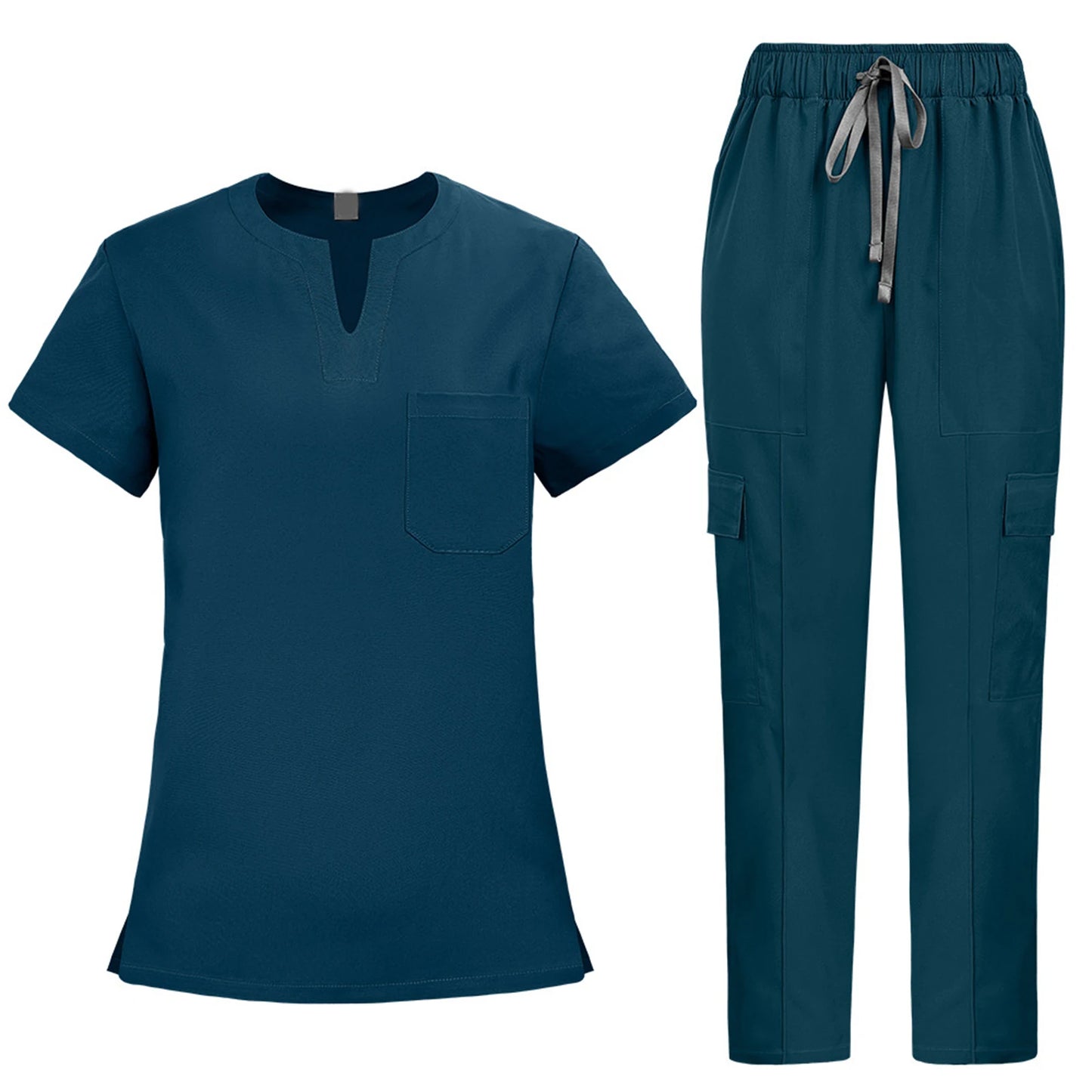 V-Notch Short Sleeve Multi-Pocket Cargo Pants Medical Uniform Healthcare  Professional Outfit