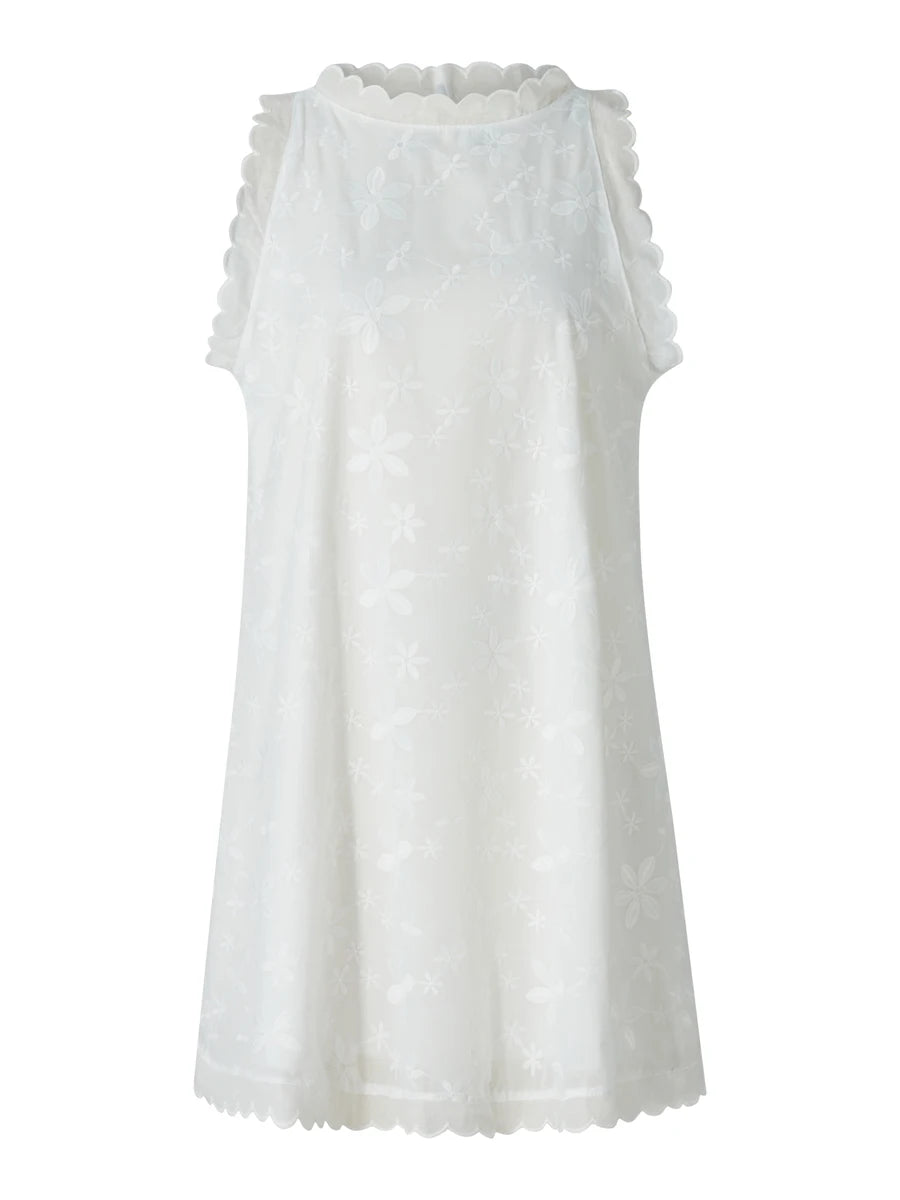 Women Summer Casual Short Dress Flower Lace Crew Neck Sleeveless