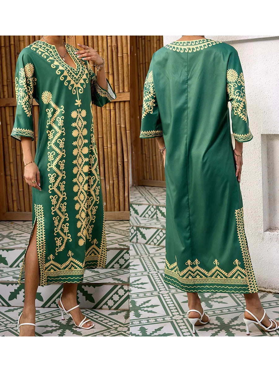 Elegant 3 4 Sleeve V-Neck Maxi Dress with Retro Print Perfect for Ramadan