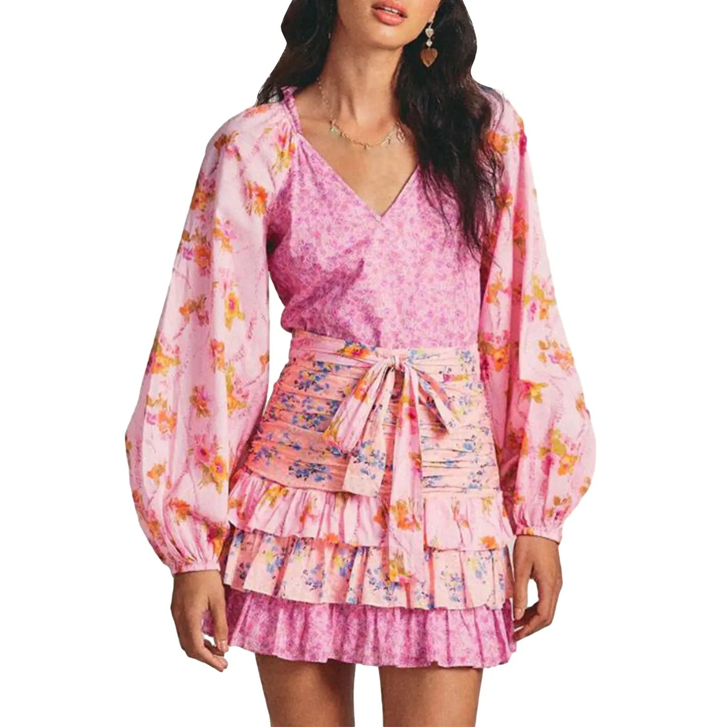 Women Long Sleeve Floral Dress Layered Ruffle V Neck Party Mini Dress