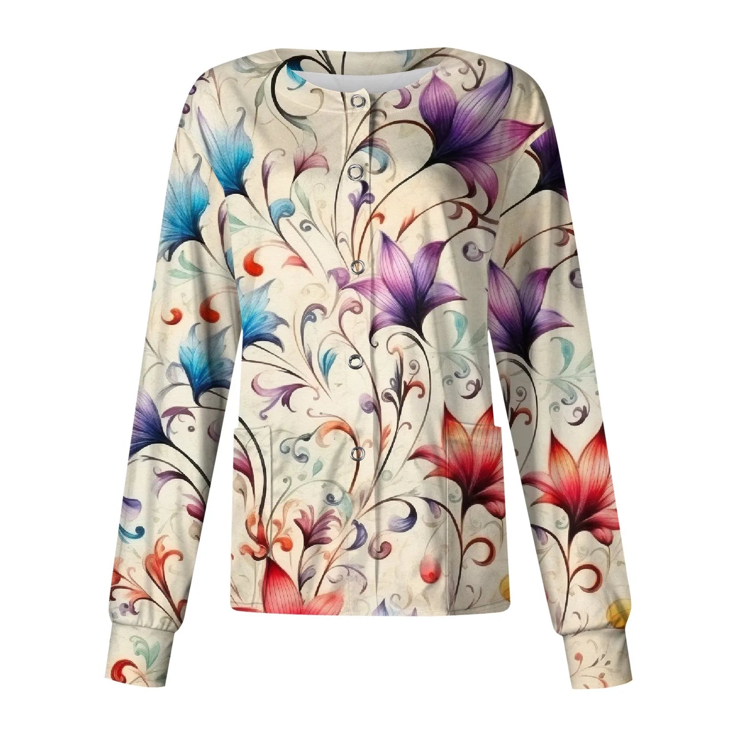 Casual Long Sleeve Nursing Work Clothes Single Breasted Floral Print Cardigan Top Jacket